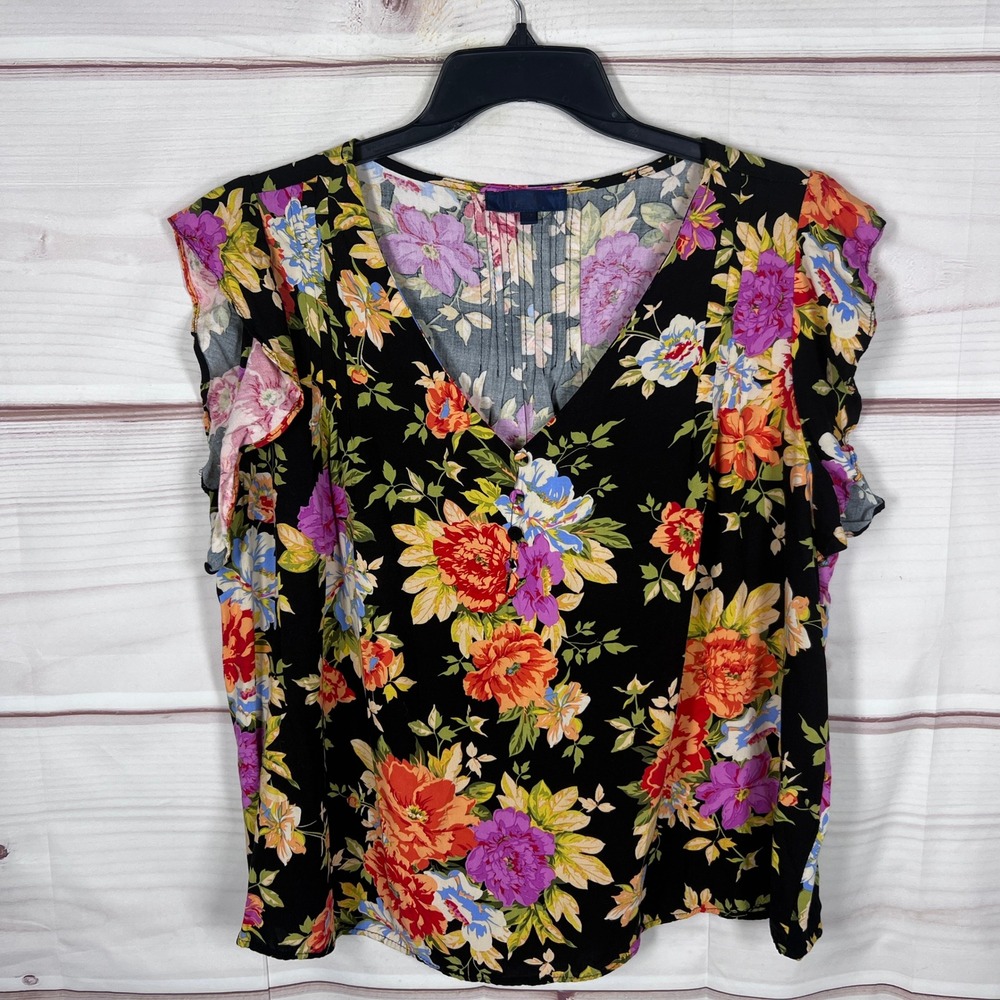 Rachel Rachel Roy Top Women 2X Black Floral Flutter Sleeve V-Neck Pleated Blouse